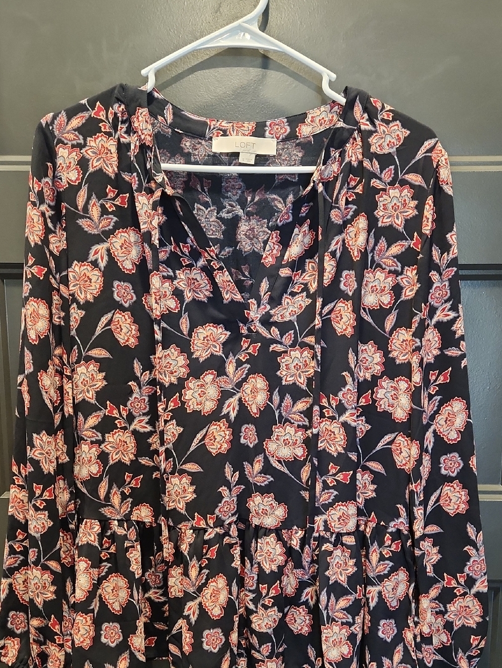 LOFT Navy Floral Tie-Neck Blouse with Coral and Cream Accents
